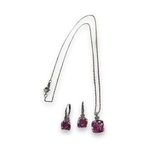 Sterling Silver Pink And White Sapphire Necklace 18 in And Earrings Set